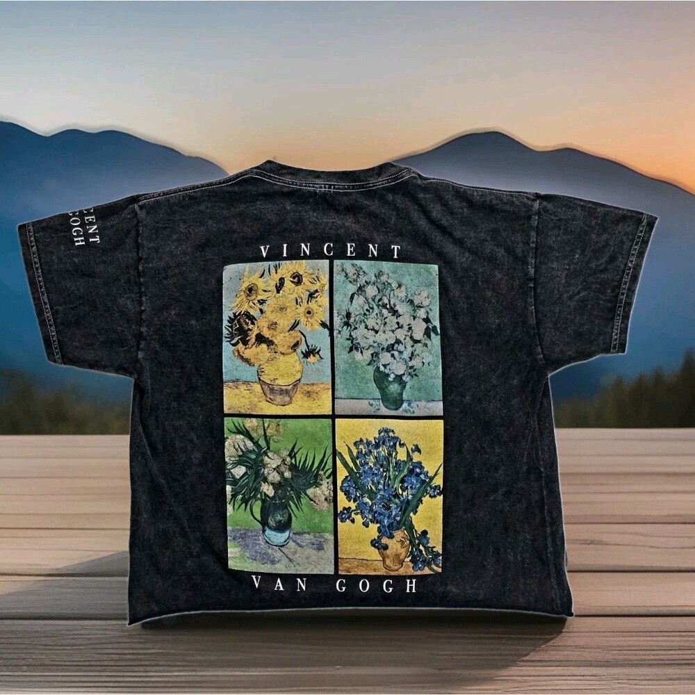 Isaac Morris Crop Top Womens XS Vincent Van Gogh Graphic Black Acid Wash Tee